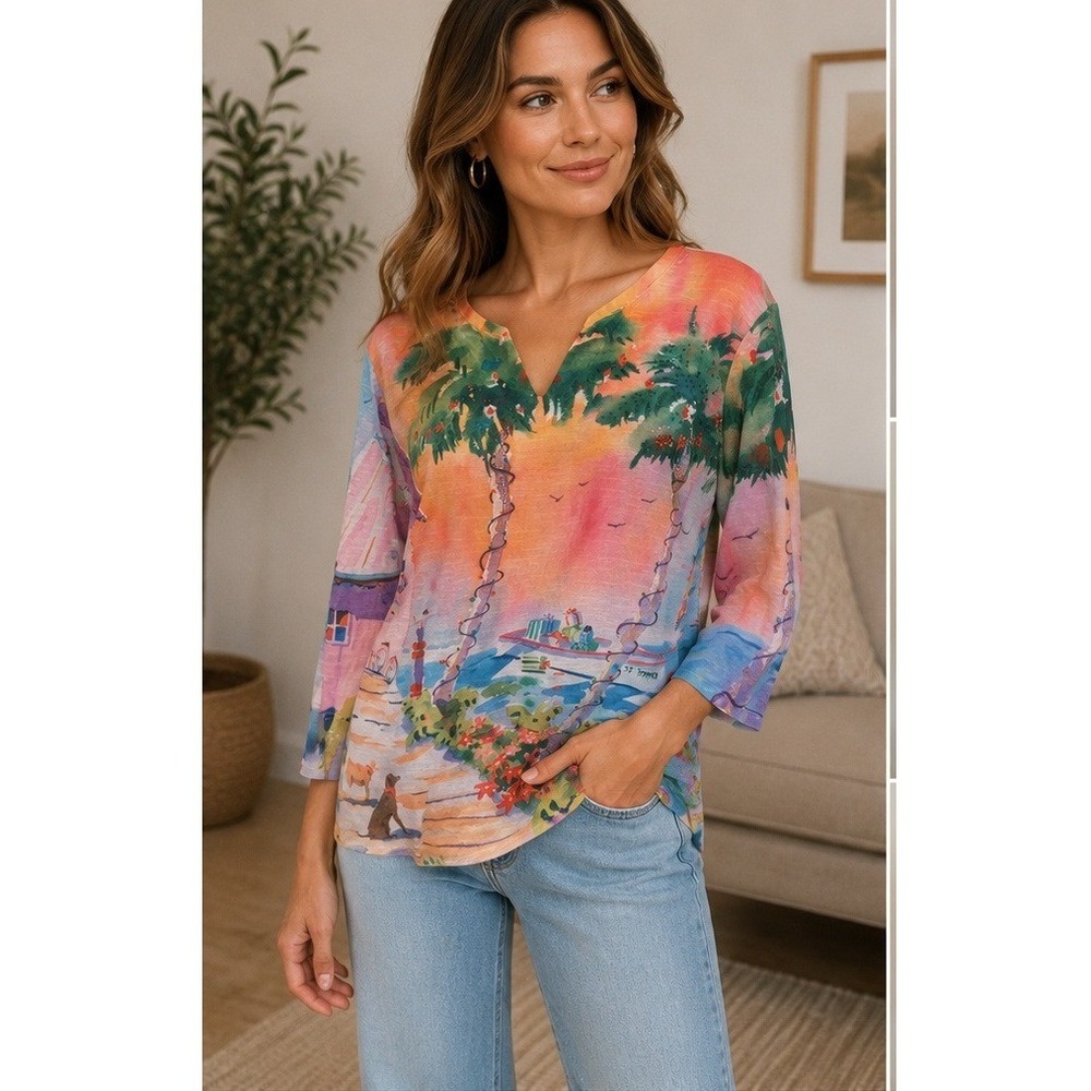 Ellen Negley Top Women S Coastal Beachy Art to Wear Tropical Sunset Rhinestone